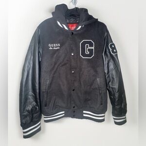 NWT GUESS Men’s large hooded Black Kenny Varsity letterman Jacket retro coat